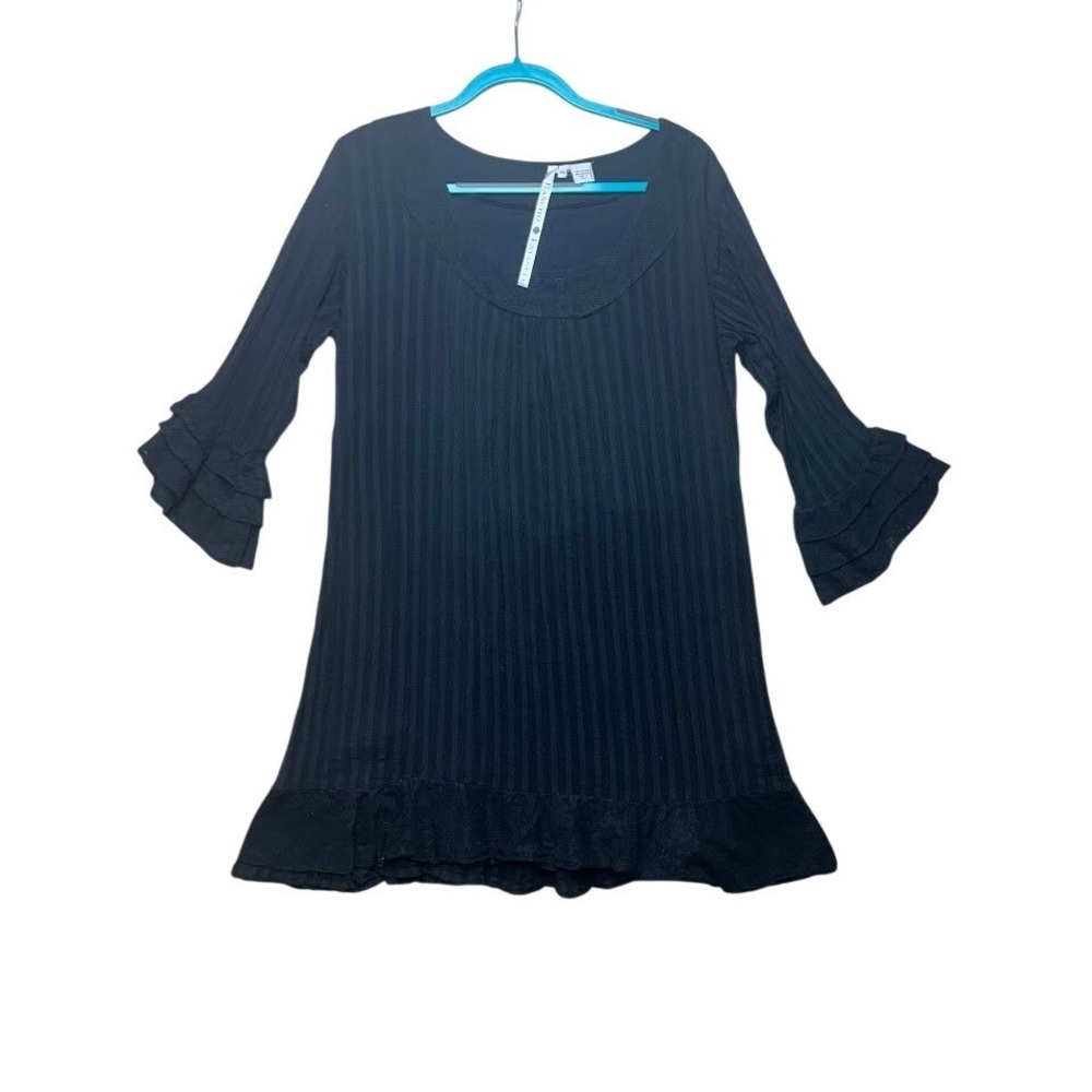 Rancho Estancia Black Ribbed Lace‎ Trim Tiered Ruffle Sleeve Tunic Dress XXL